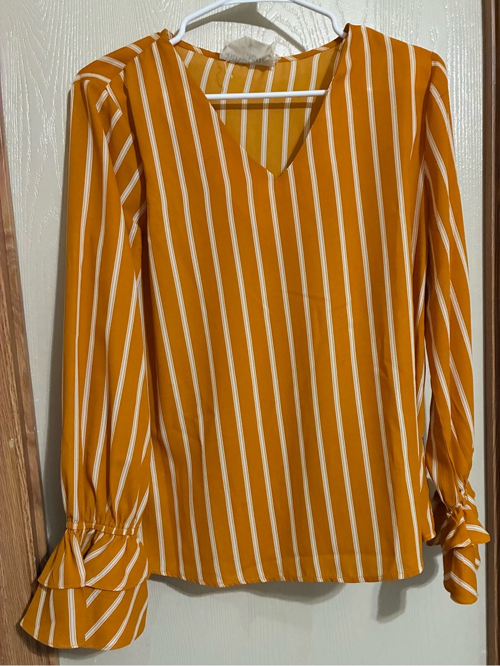 Savanna Jane Mustard Yellow and White Striped V-Neck Blouse